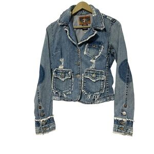True Religion Small Y2K Vintage Distressed Button Up Denim Jacket Western 90s